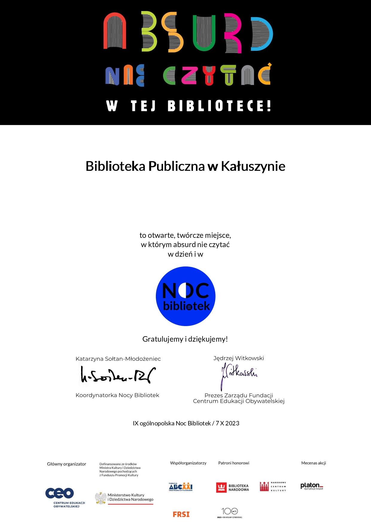 Certyfikat dla Biblioteki Publicznej w Kałuszynie za udział w Nocy Bibliotek 2023